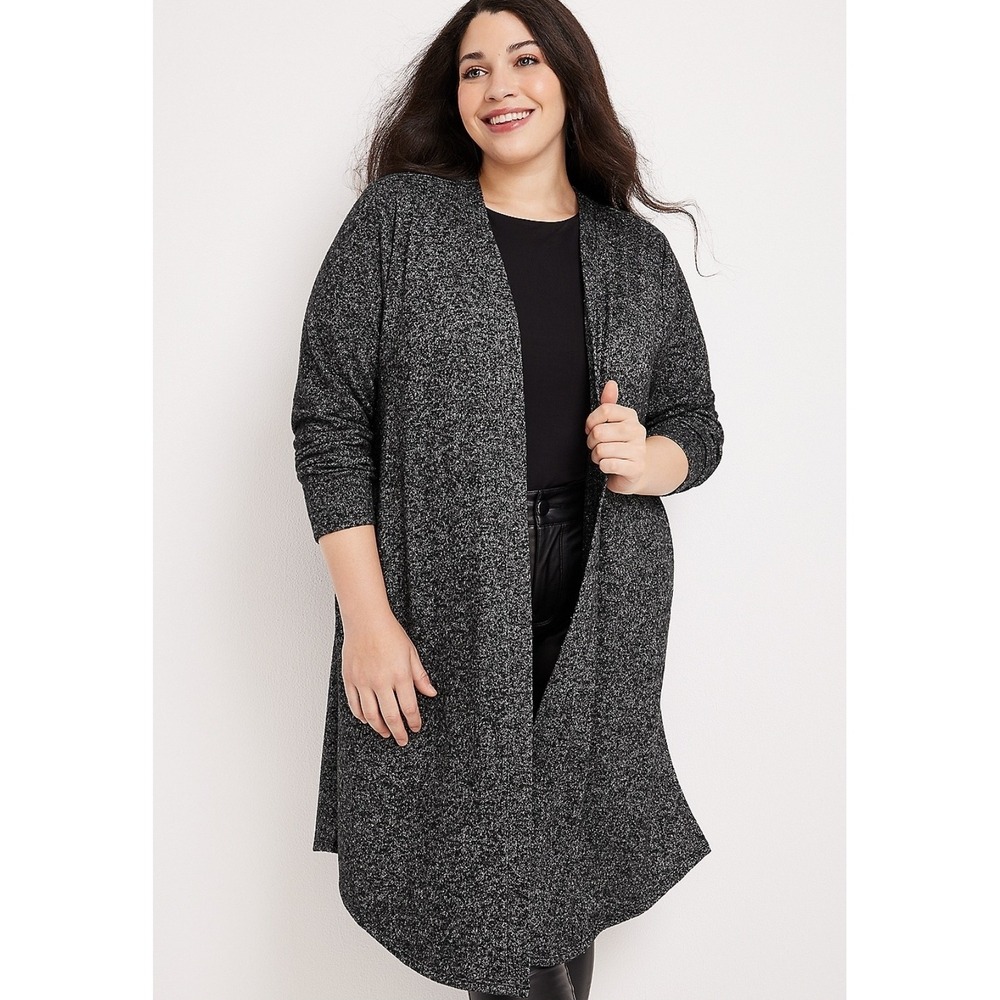 Maurices Gray Marled Metallic Duster Cardigan Plus Size 2X Open Front Pockets